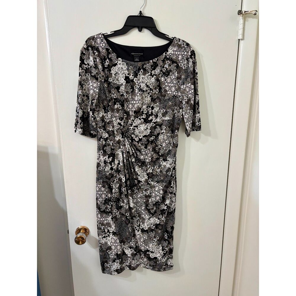 Connected Apparel Size 12 Black/White Brocade Elbow Sleeve Ruched Faux Wrap Midi